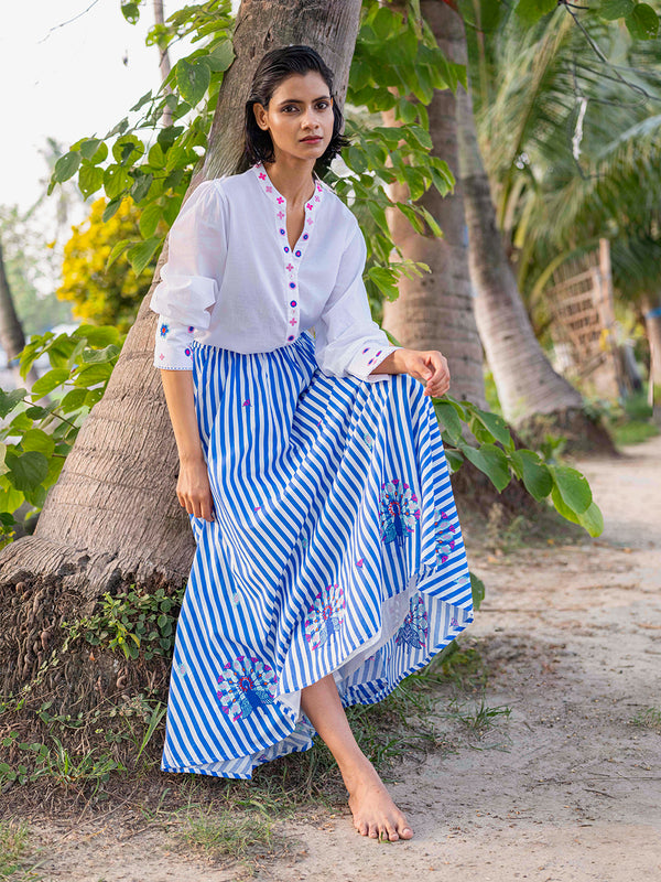 Ankle-length organic cotton skirt with elasticated waist and tassels