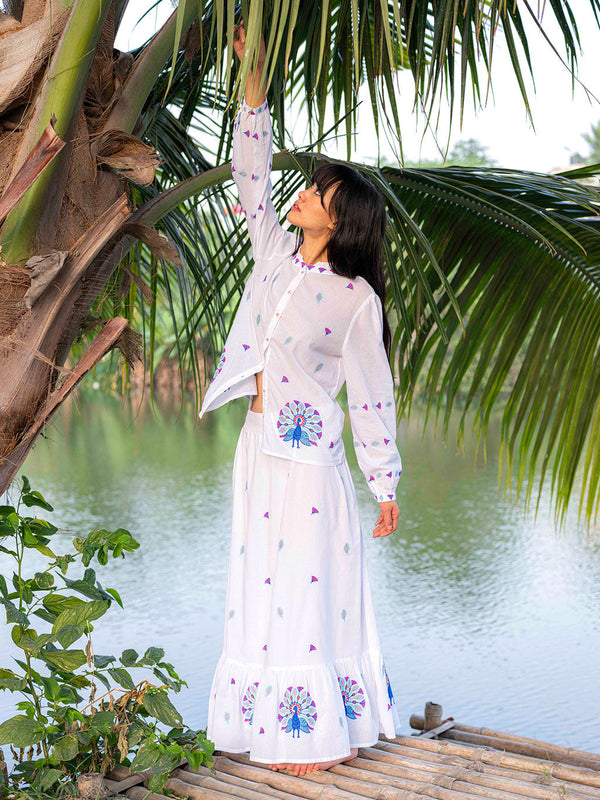 Purslane Blouse Peacock Embroidery on White