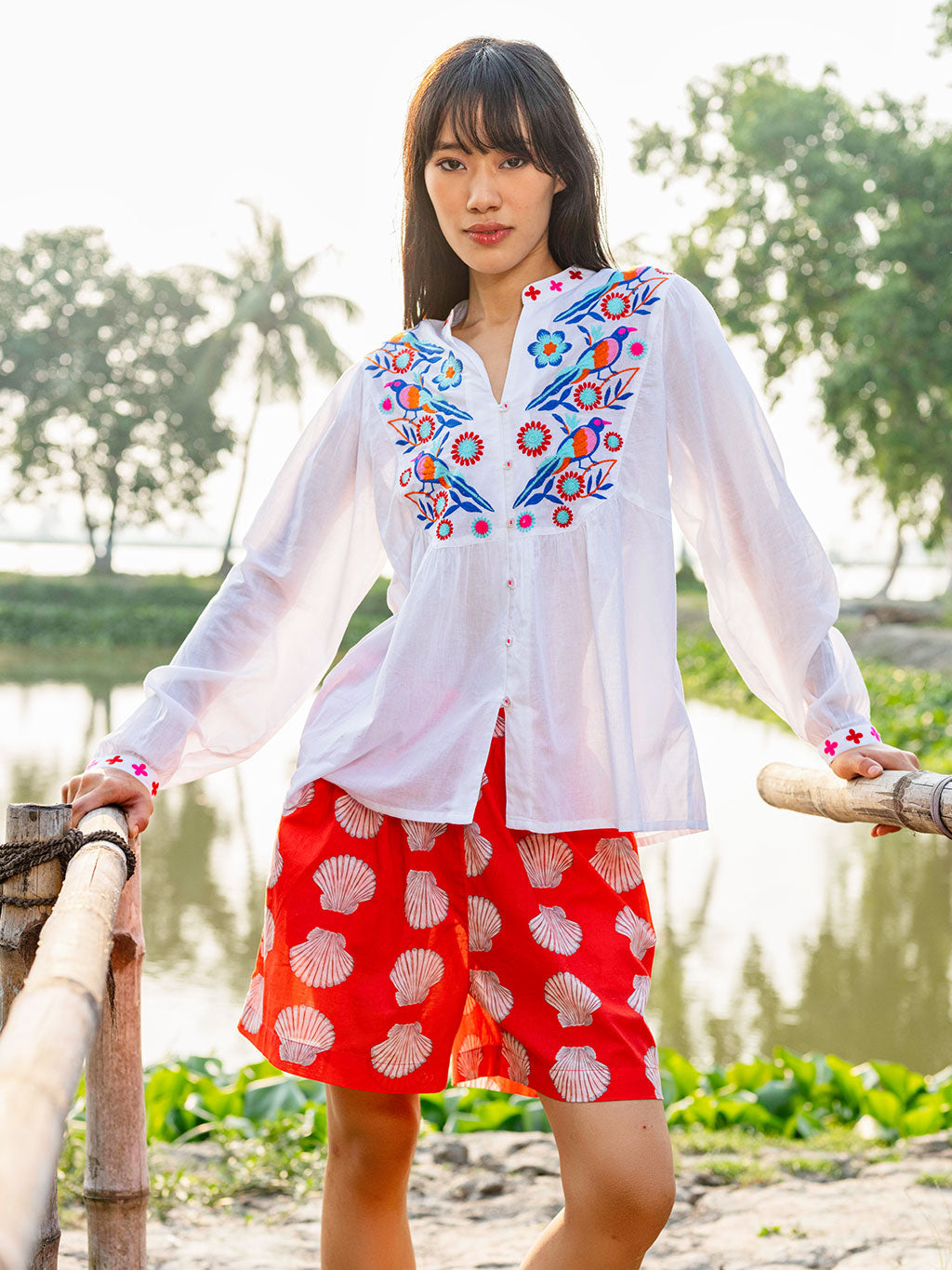 Catnep Blouse Blue Birds Embroidery on White