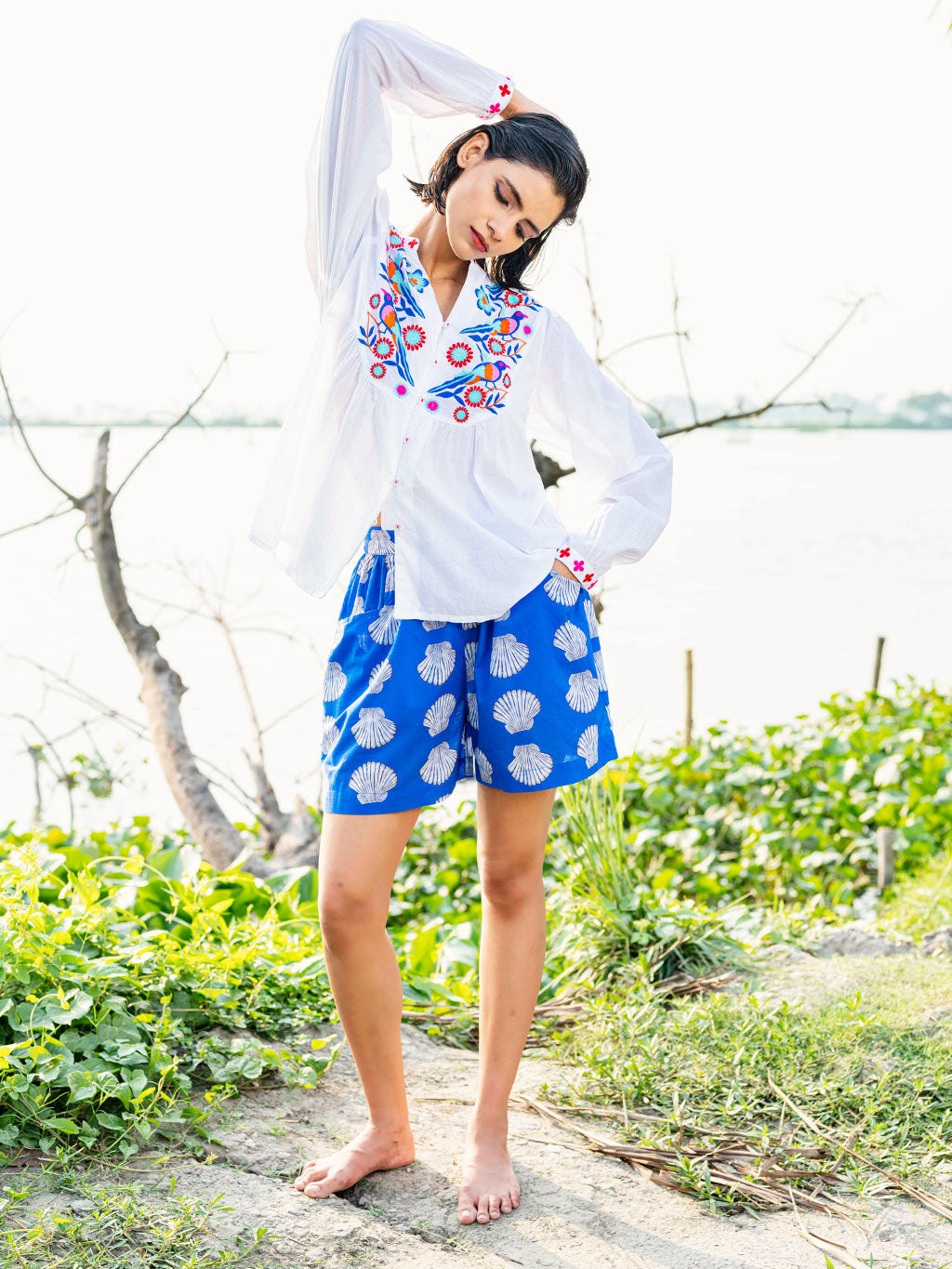 Catnep Blouse Blue Birds Embroidery on White