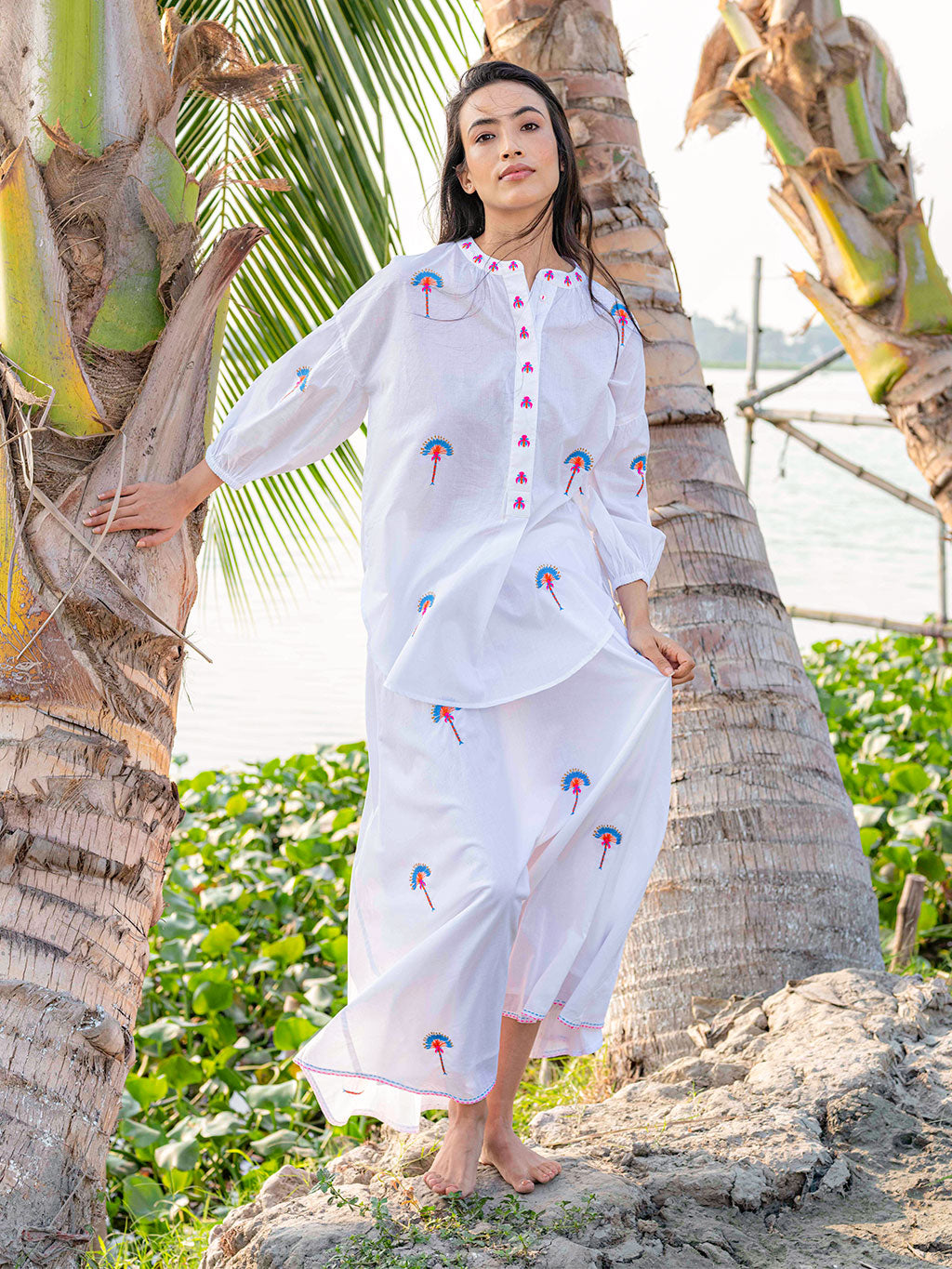 Vanilla Skirt Fan Palm Embroidery on White