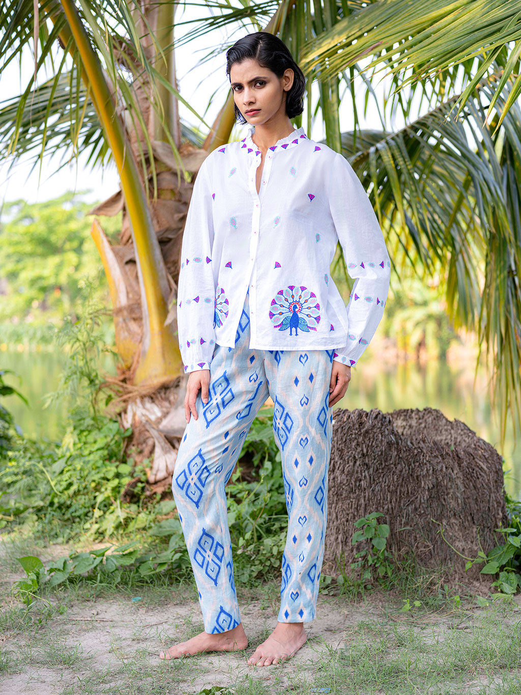 Purslane Blouse Peacock Embroidery on White