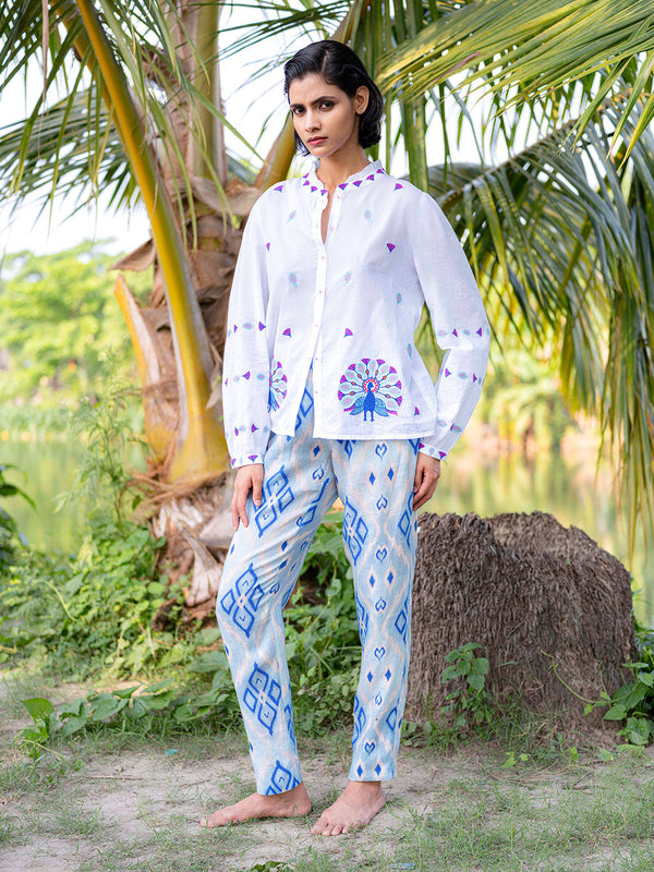 Purslane Blouse Peacock Embroidery on White