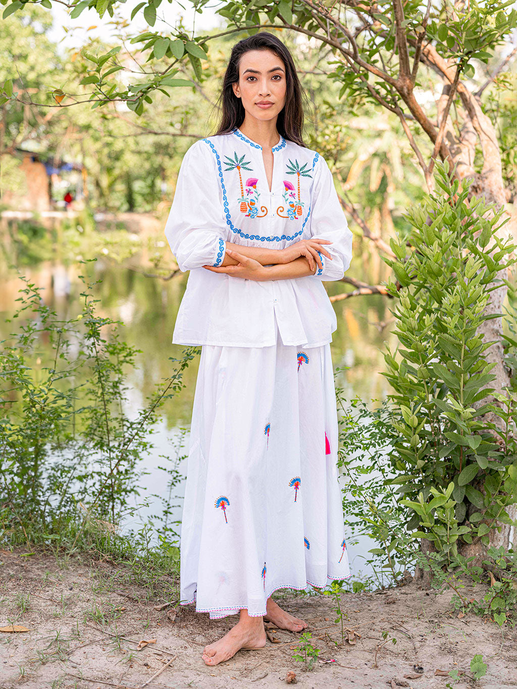 Vanilla Skirt Fan Palm Embroidery on White