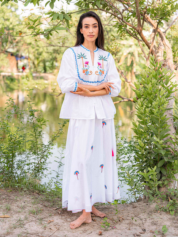 Vanilla Skirt Fan Palm Embroidery on White