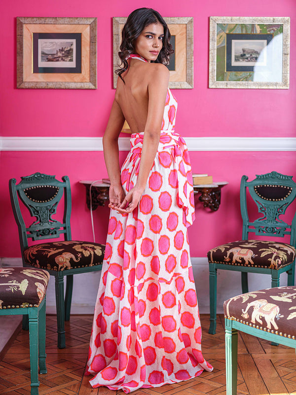 Stunning deep back view of the Hops neckholder dress in ikat pink orange