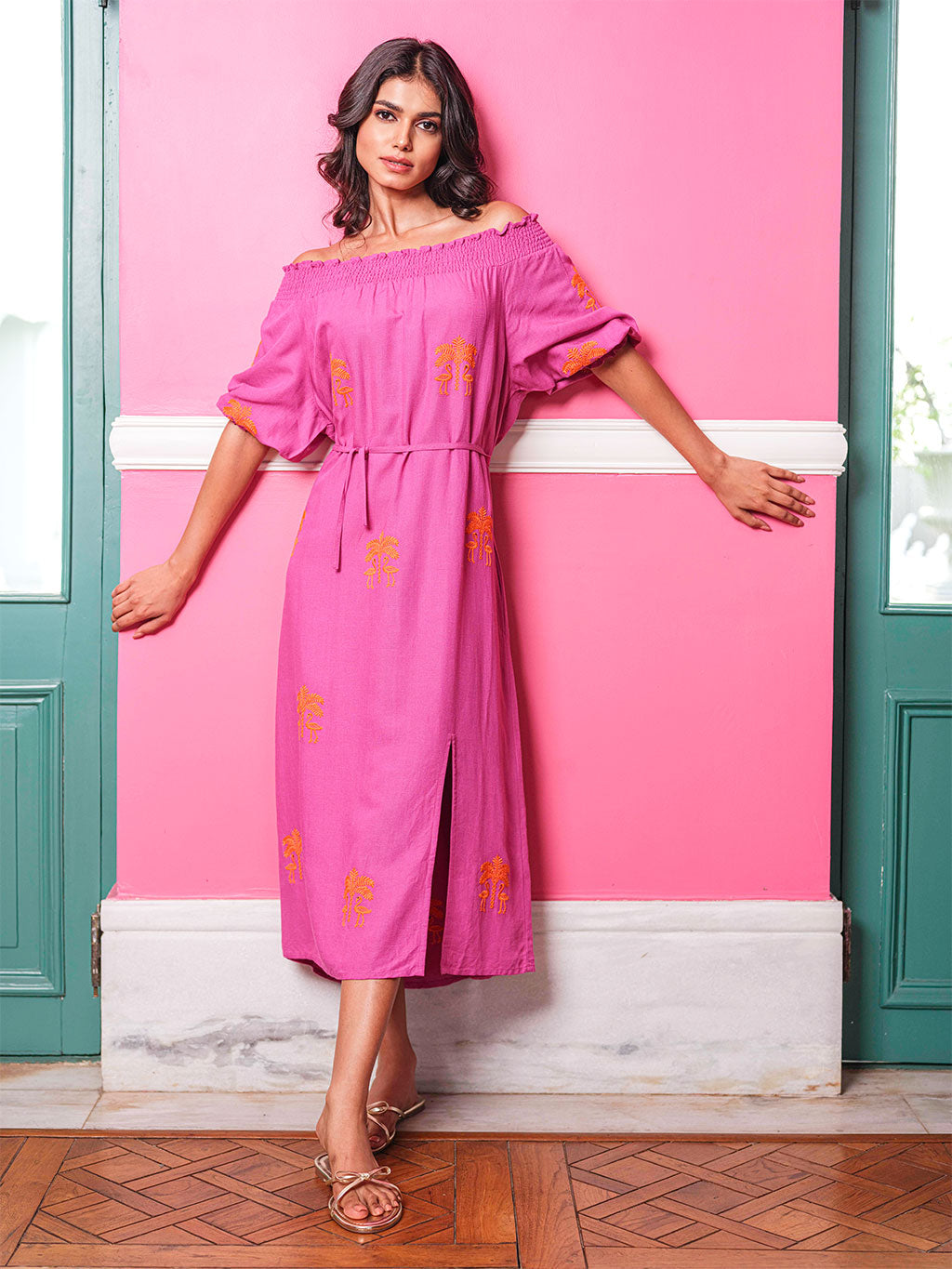 Pulsatilla Dress Berry Flamingo Orange Embroidery