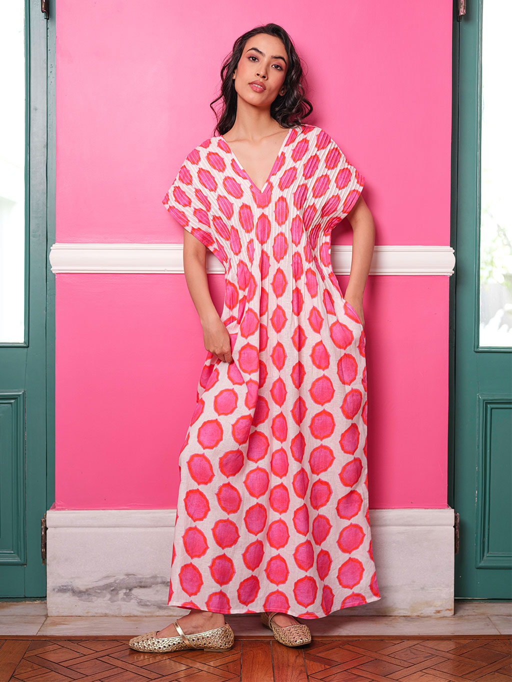 Sea Cale pleated linen maxi dress in ikat pink orange by Nimo With Love