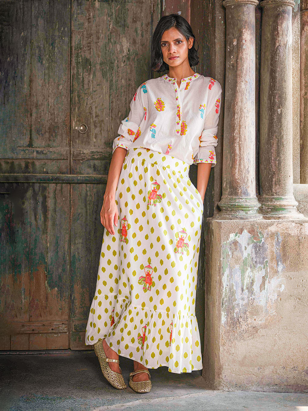 Goldenseal Skirt Dots Green Elephant Embroidery