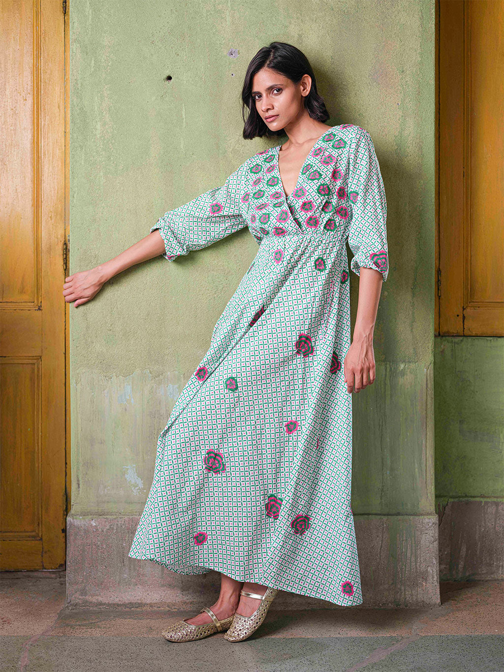 Hyssop Dress Dotty Emerald Peony Embroidery