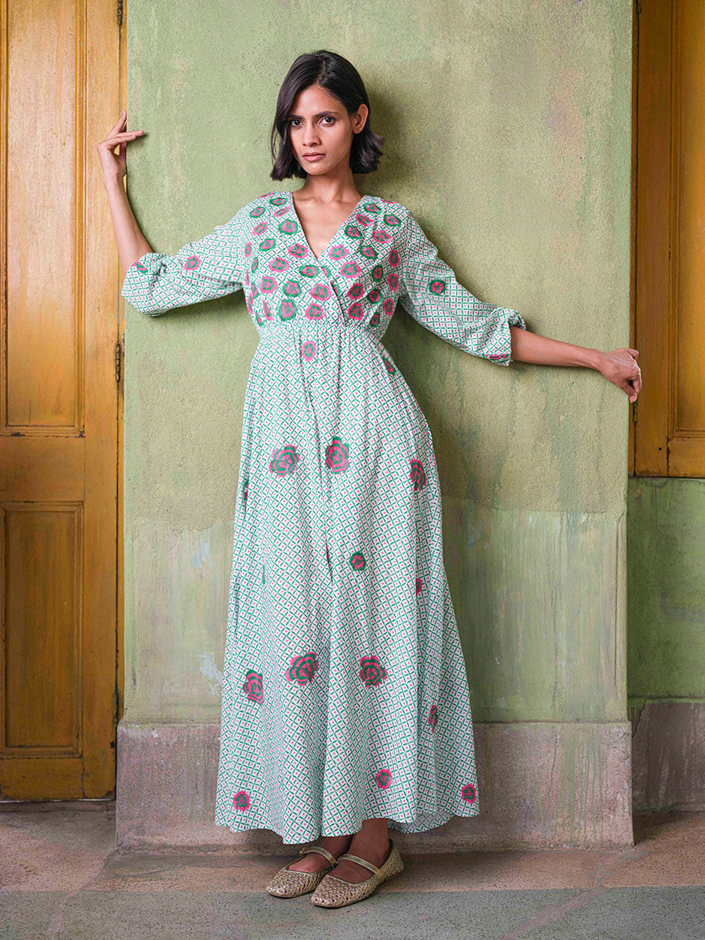 Hyssop Dress Dotty Emerald Peony Embroidery