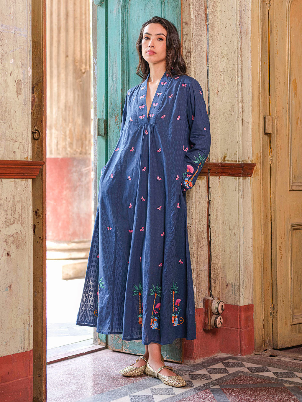 Sandalwood Dress Monkey Embroidery on Navy