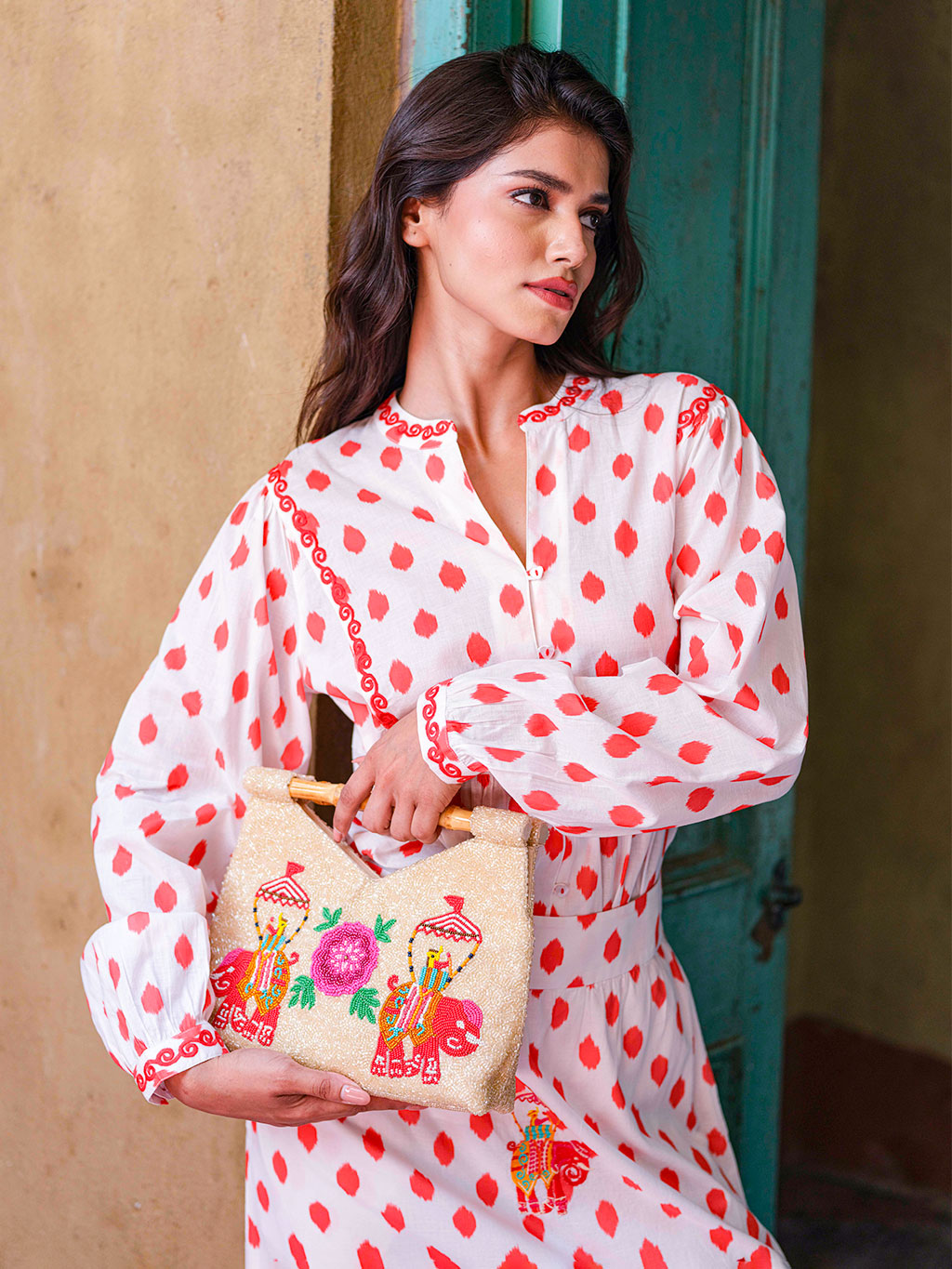 Beaded Bamboo Bag Elephant Red