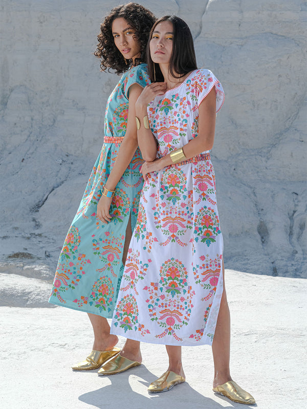 Malachite Kaftan Golden Flower Embroidery on White