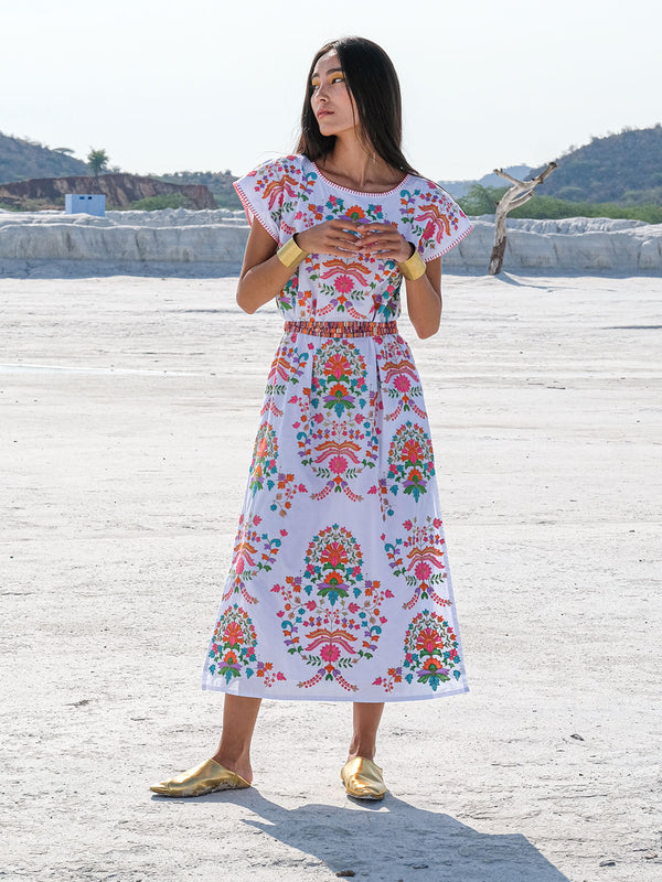 Malachite Kaftan Golden Flower Embroidery on White