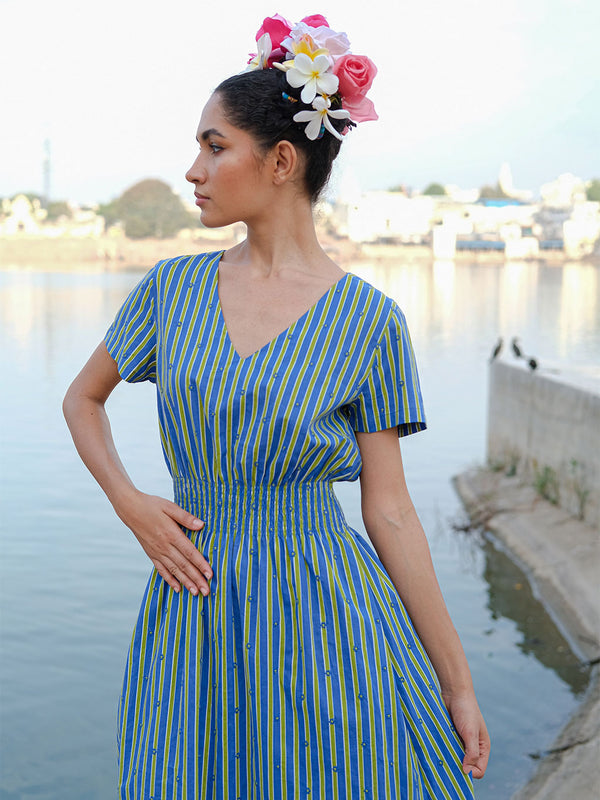 Verbena Dress Tiny Flowers Embroidery on Stripes