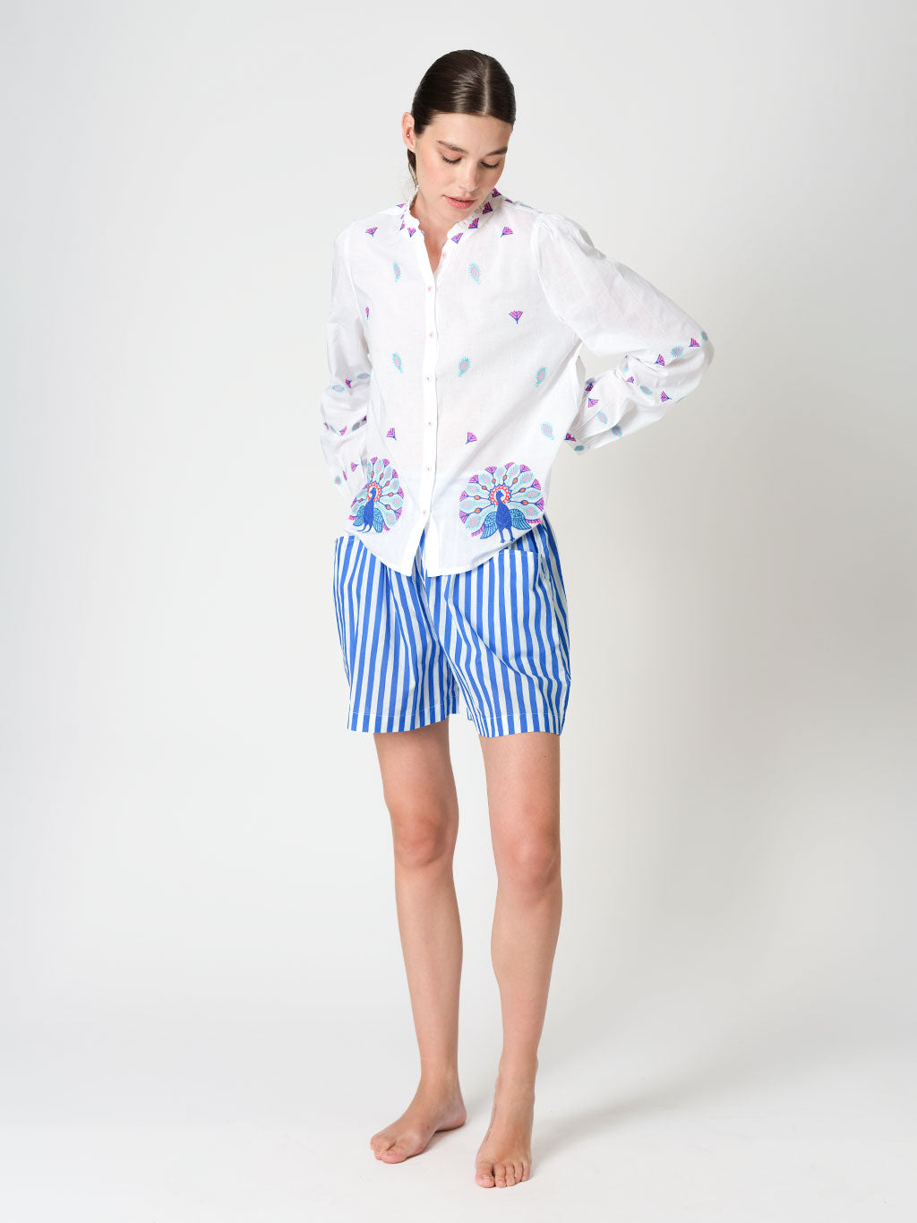 Purslane Blouse Peacock Embroidery on White