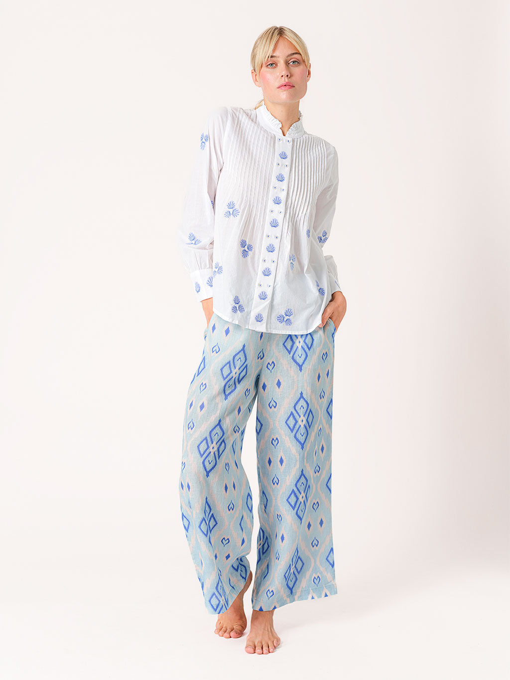 Nevis Mint Blouse Blue Shells Embroidery on White