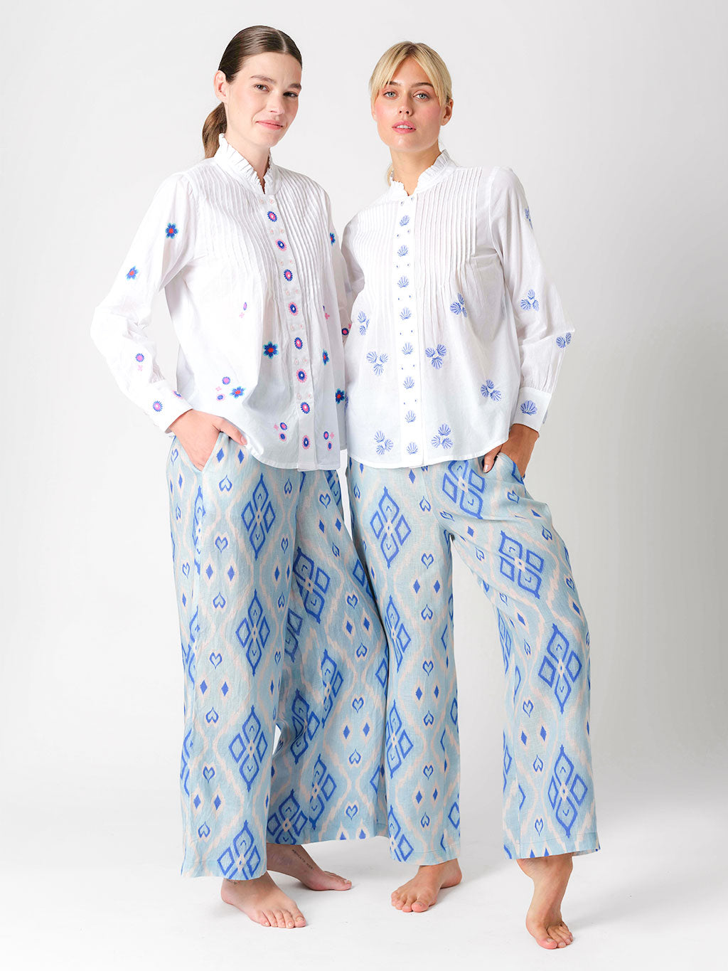 Nevis Mint Blouse Little Flowers Blue Embroidery on White