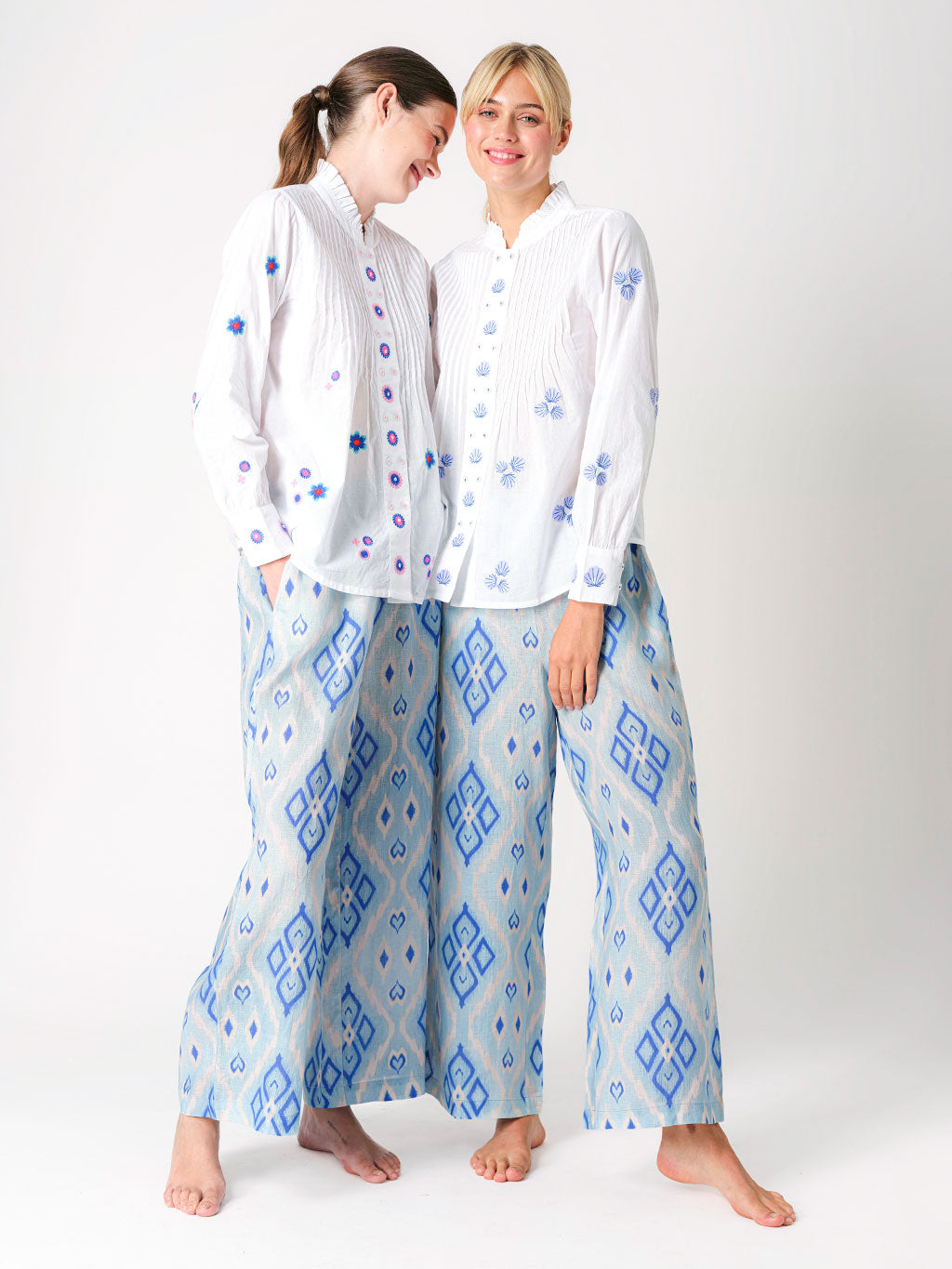 Nevis Mint Blouse Blue Shells Embroidery on White