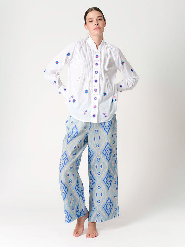 Nevis Mint Blouse Little Flowers Blue Embroidery on White