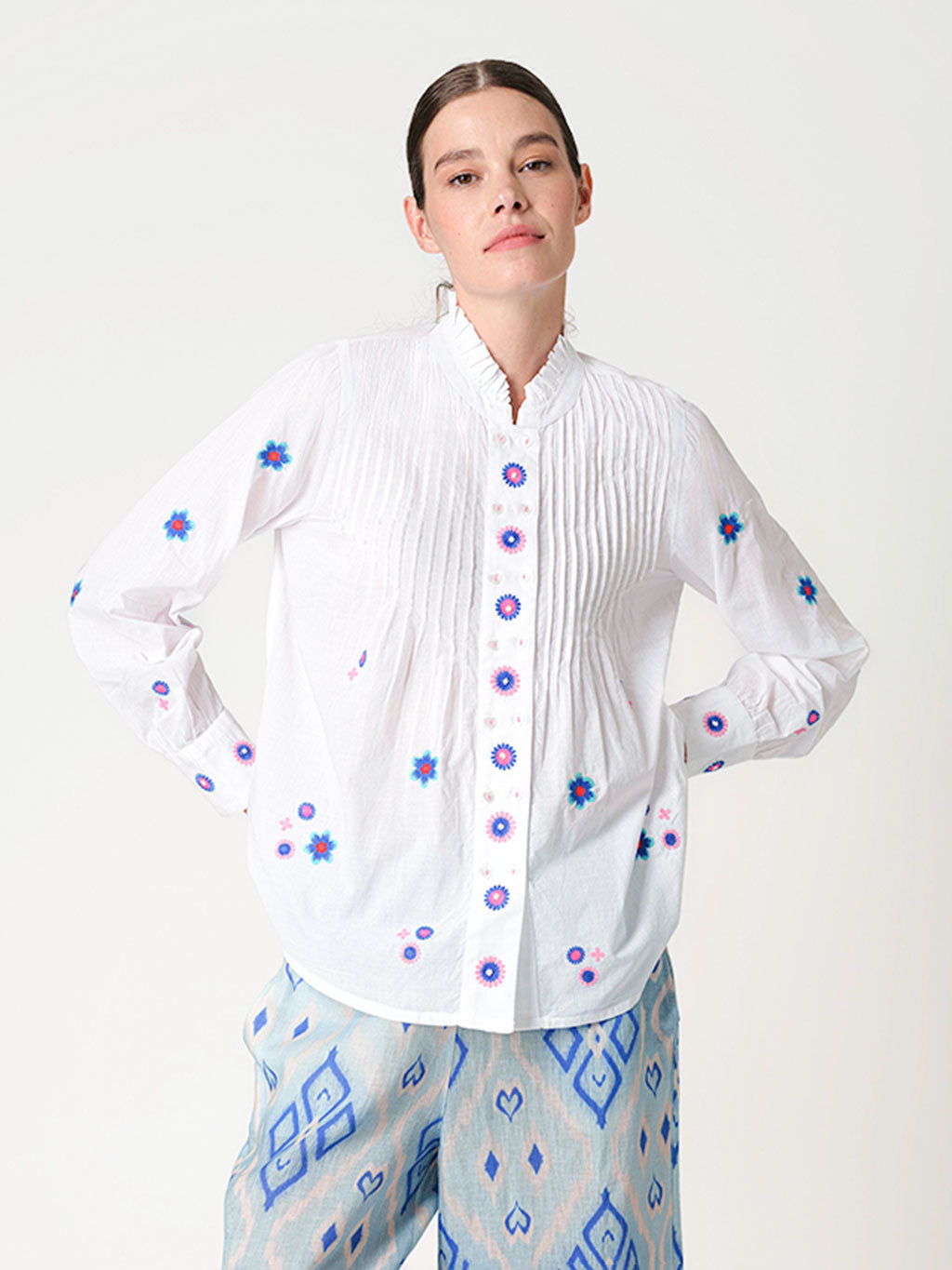 Nevis Mint Blouse Little Flowers Blue Embroidery on White