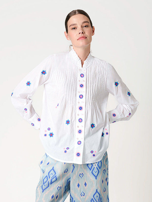 Nevis Mint Blouse Little Flowers Blue Embroidery on White