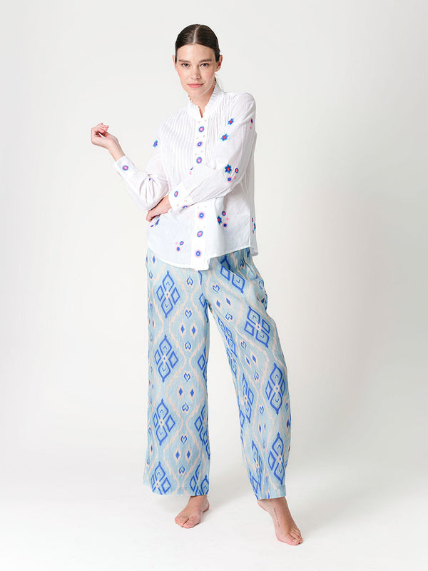 Nevis Mint Blouse Little Flowers Blue Embroidery on White