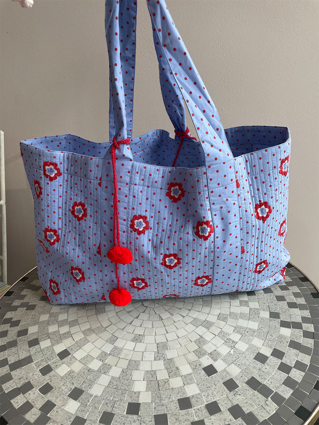 Jaipur Bag Red Flower Dots on Blue