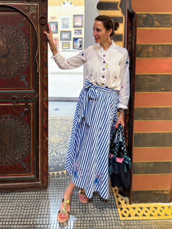 Blue and white striped maxi skirt with peacock embroidery by Nimo With Love