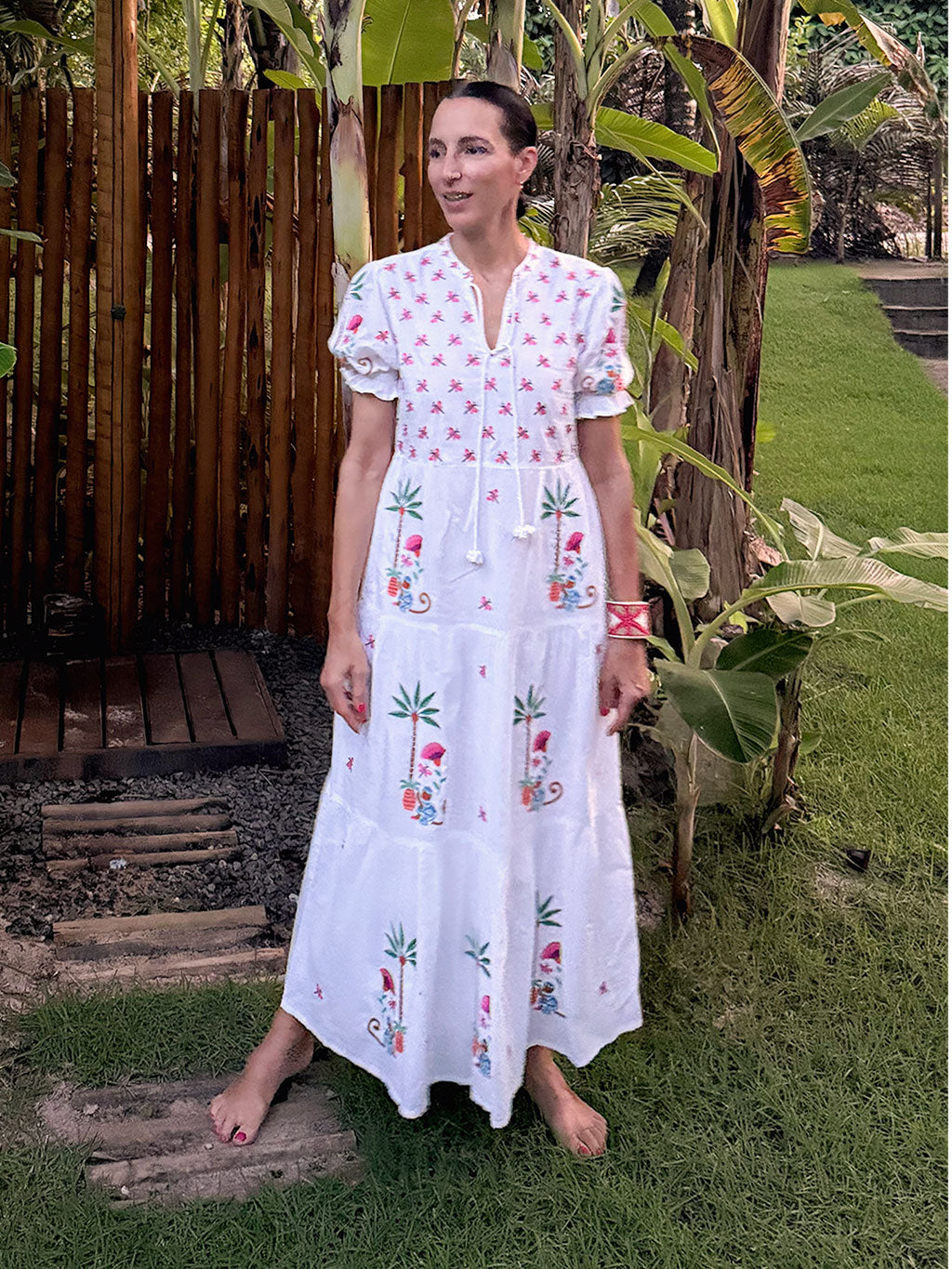 Flaming Katy Dress Monkey Embroidery on White