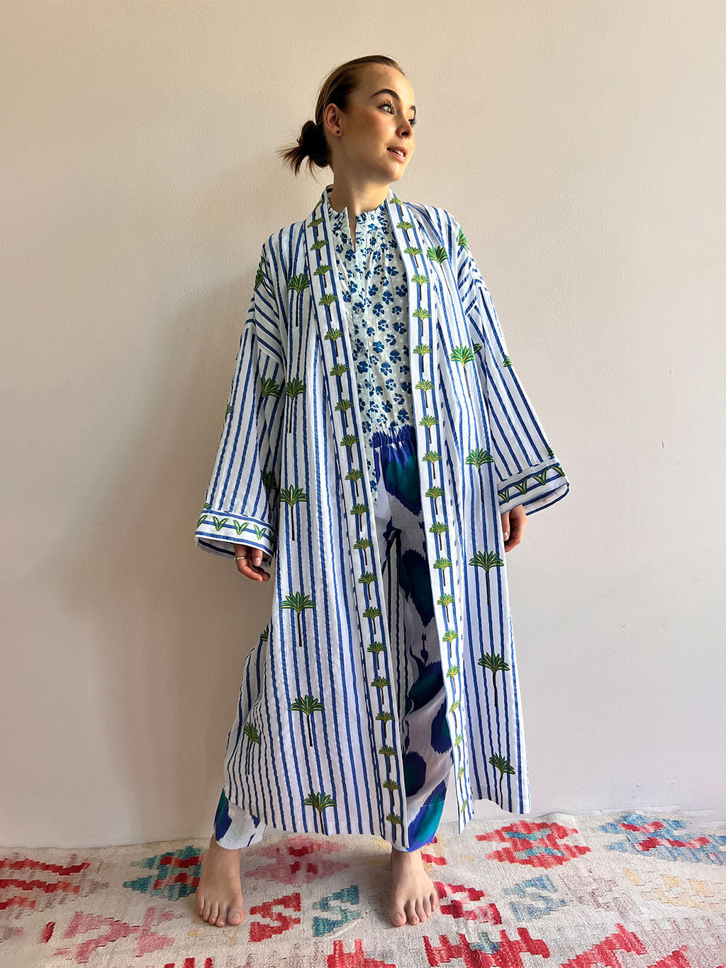 Kimono Palm on Blue Stripes