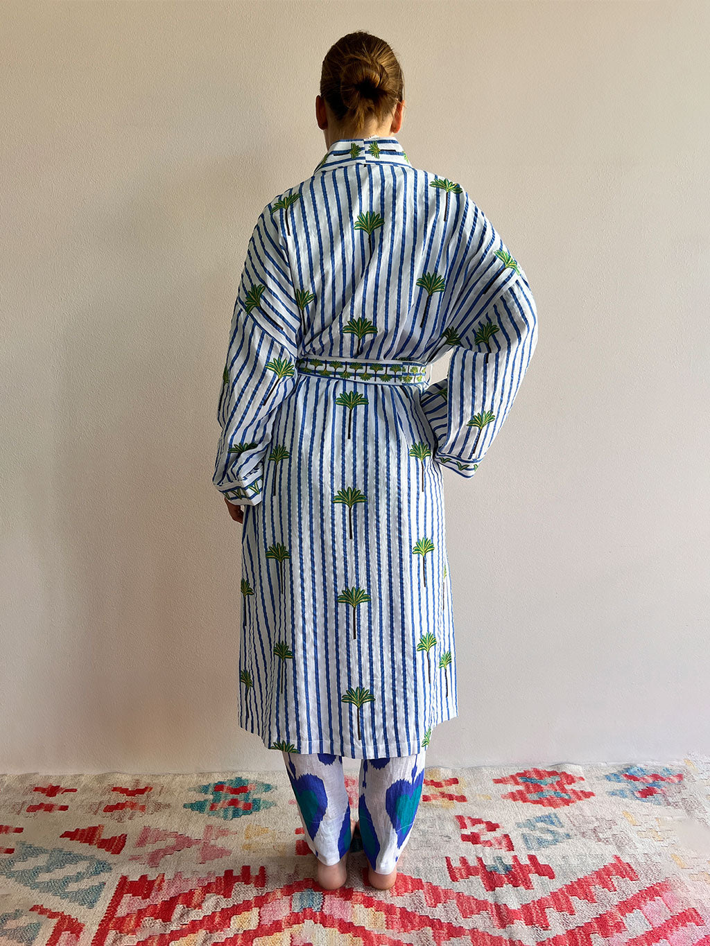 Kimono Palm on Blue Stripes