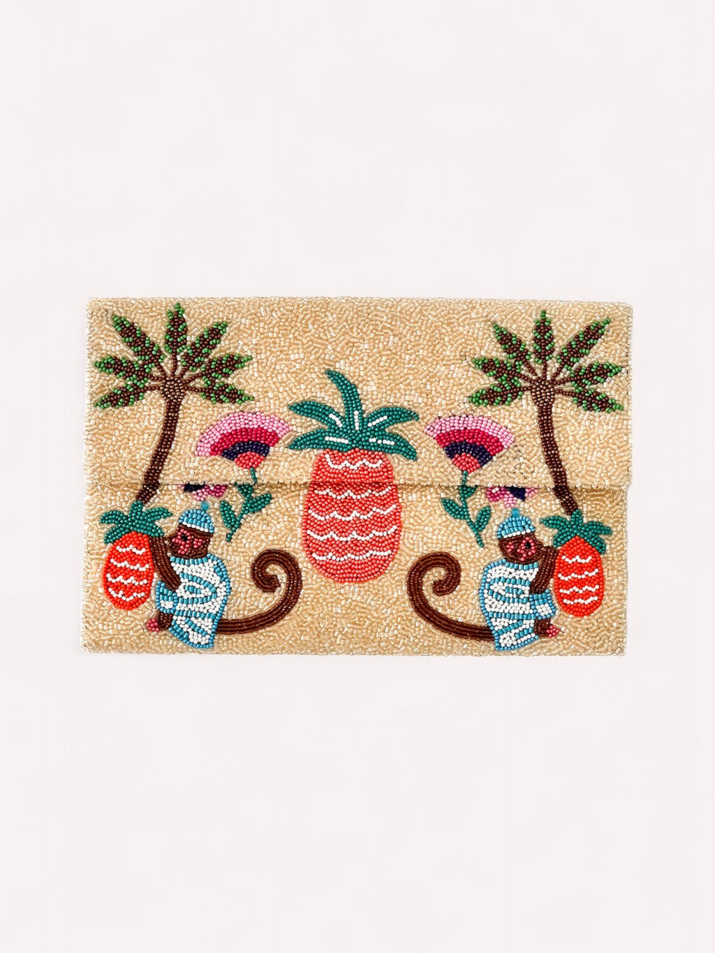 Nimo With Love sand-toned beaded envelope clutch with tropical monkey and pineapple motif, front view