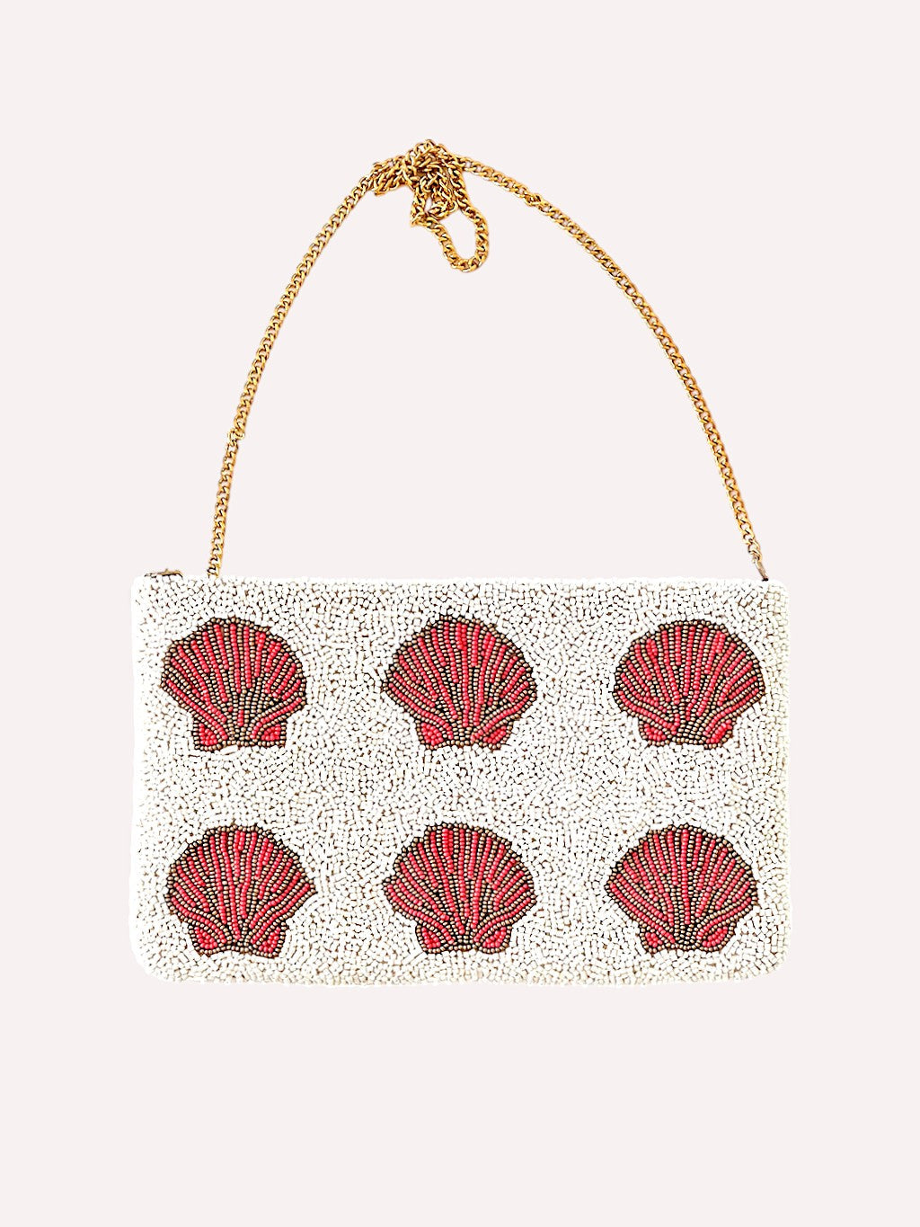 Nimo With Love white glass bead clutch bag with coral scallop shell motifs and gold chain strap, front view