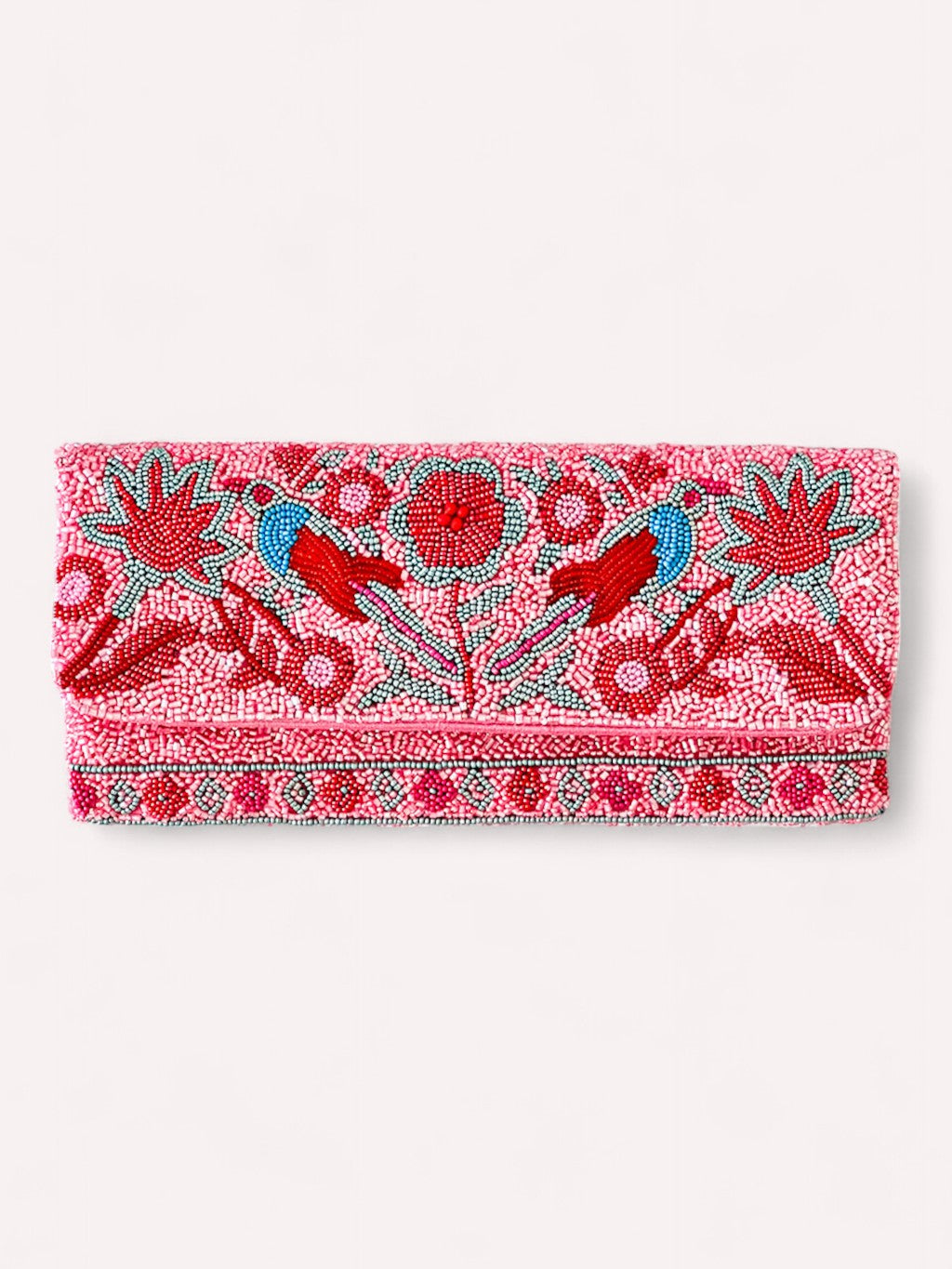 Embroidered clutch bag with floral and bird design