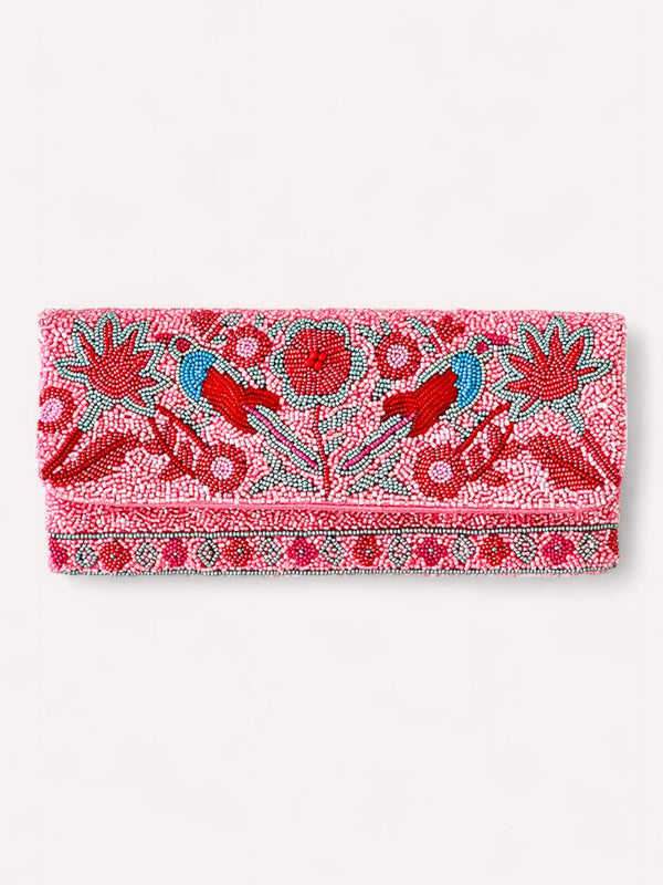 Embroidered clutch bag with floral and bird design