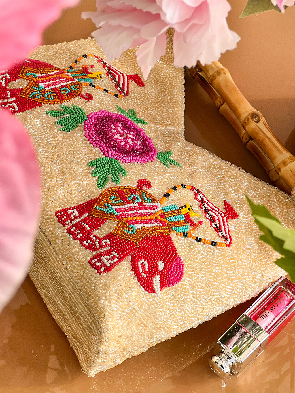 Beaded Bamboo Bag Elephant Red