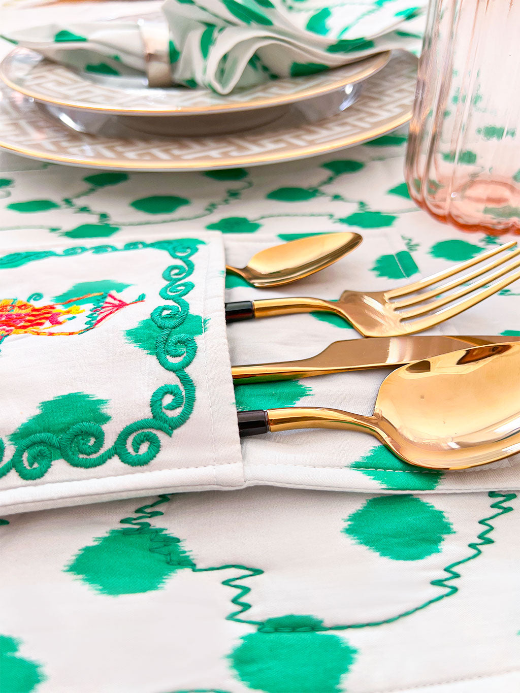 Cutlery Bag Dots Emerald Elephant Embroidery