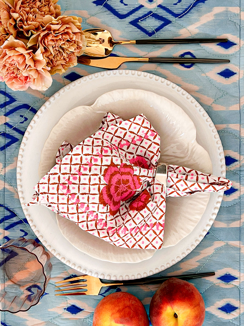 Napkin Dotty Mustard Peony Embroidery