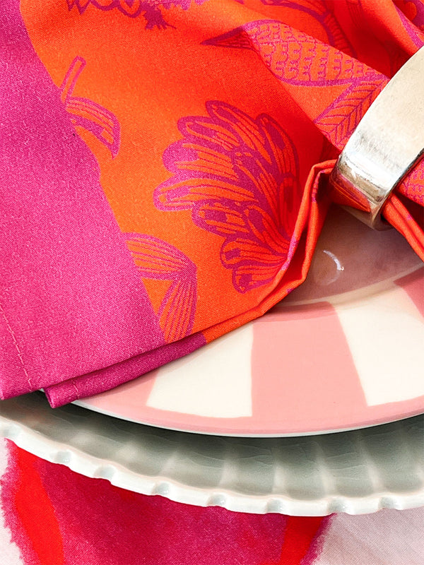 Close-up of high-quality linen texture with artisanal tropical print