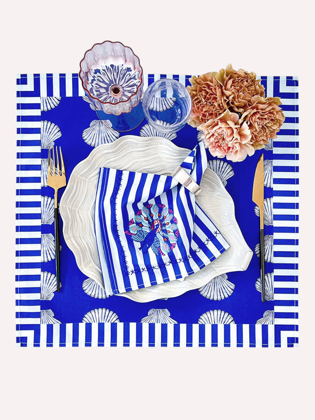 Napkin Blue Stripes Peacock Embroidery