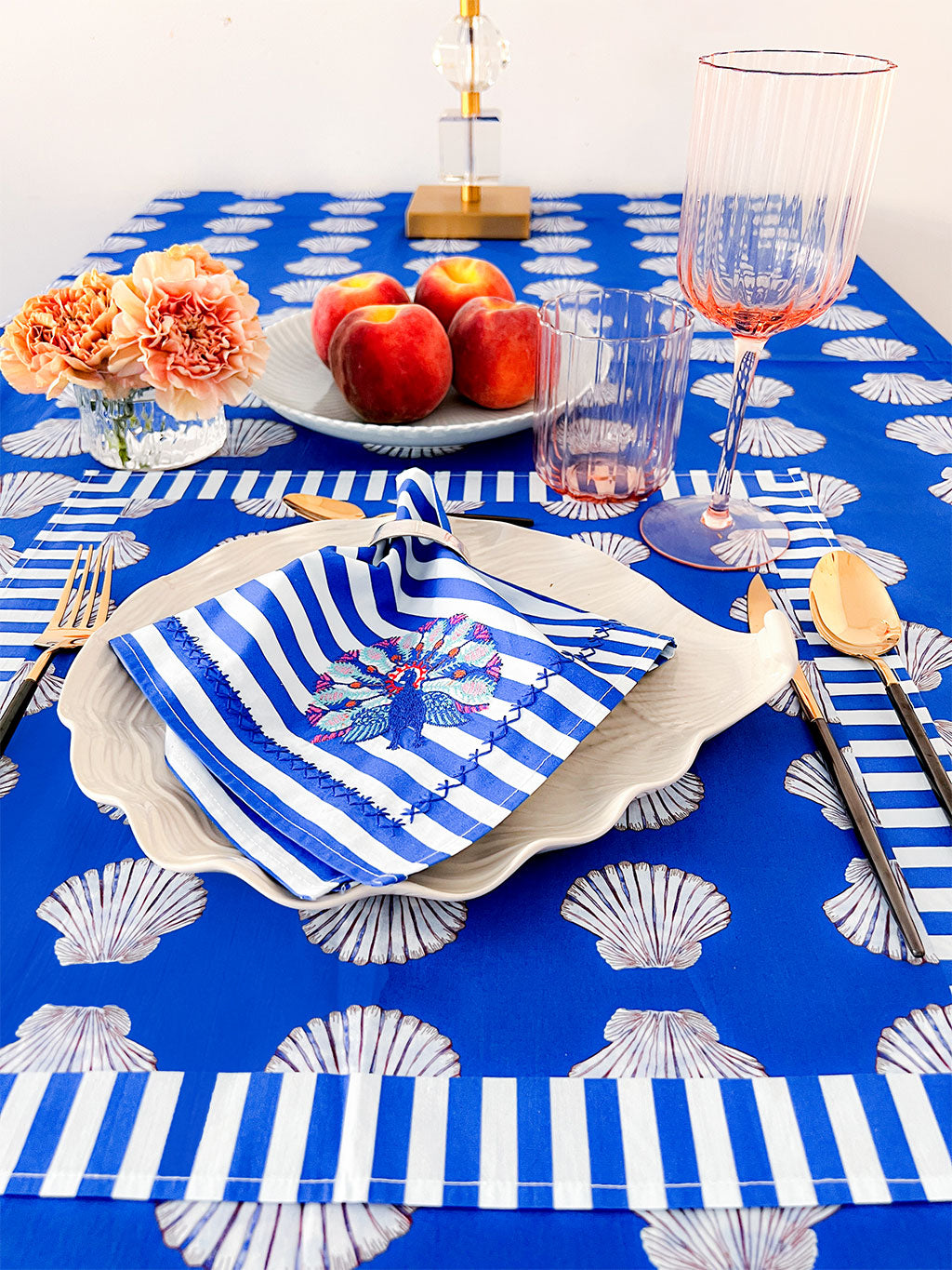 Table Cloth Shells on Blue with Ruffle