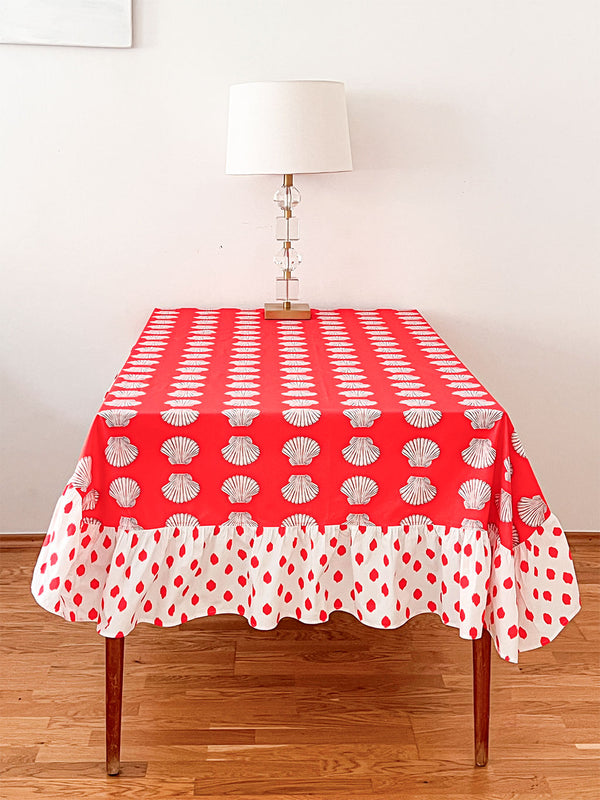 Shells on red cotton tablecloth with dots red ruffle by Nimo With Love
