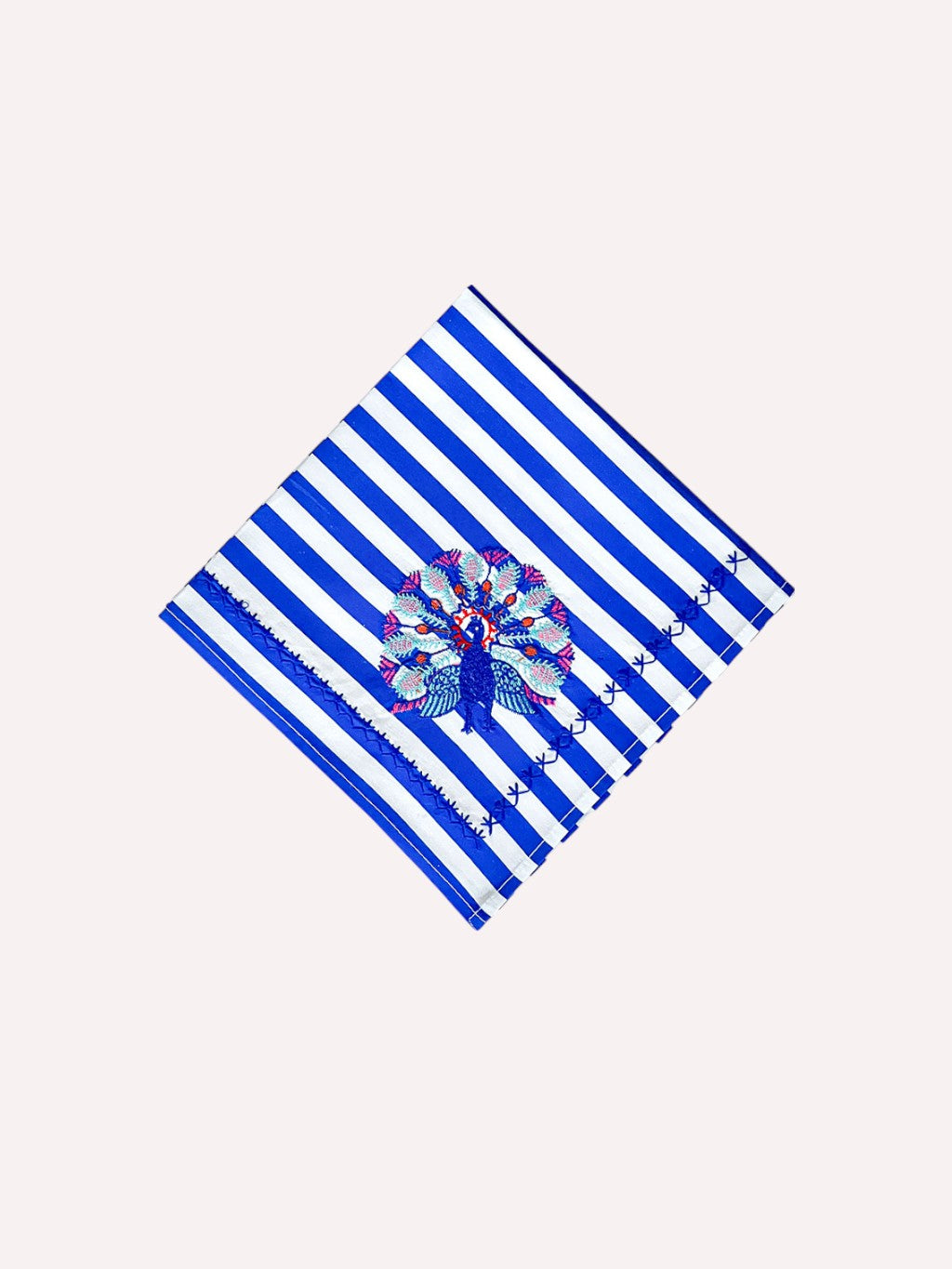 Napkin Blue Stripes Peacock Embroidery