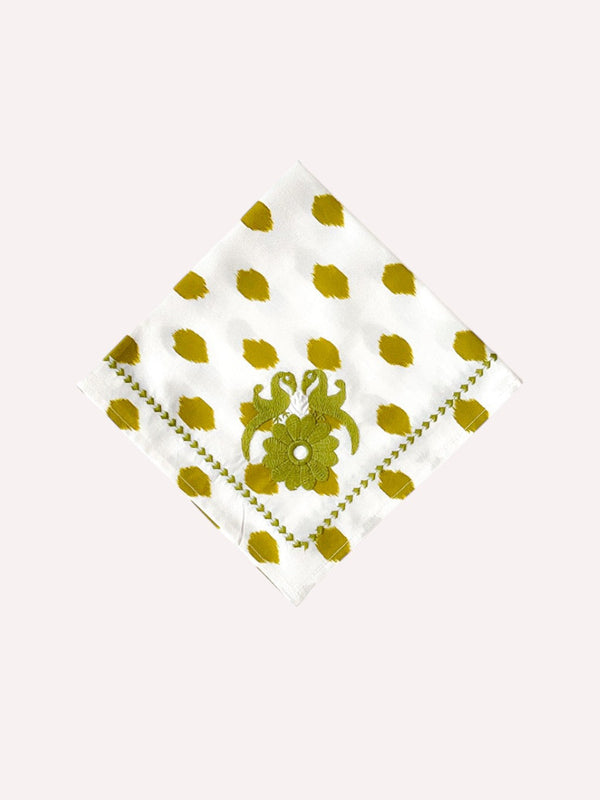 Green Gujarat birds embroidered organic cotton napkin by Nimo With Love