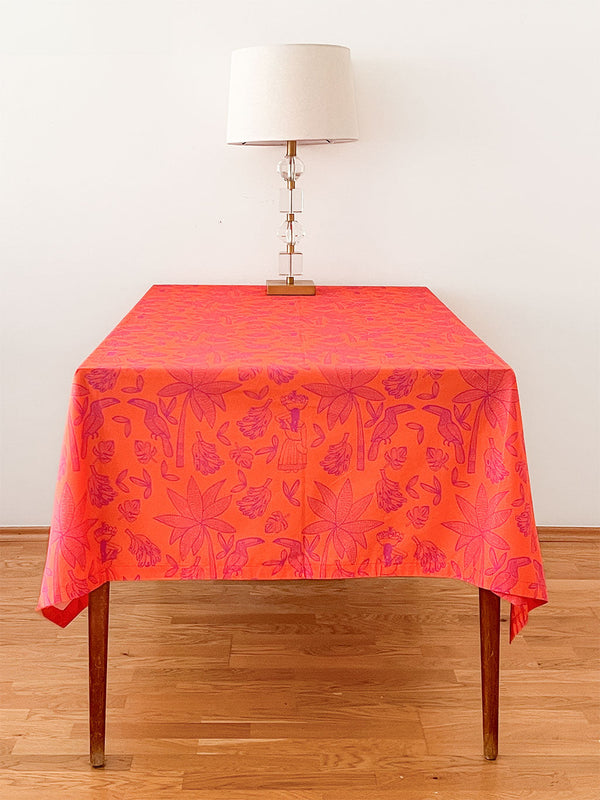 Colombia botanical linen tablecloth in orange and pink by Nimo With Love