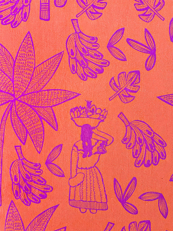 Detailed view of hand-printed tropical leaf motif on premium linen
