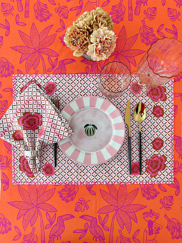 Sophisticated dining room decor featuring a bold botanical tablecloth