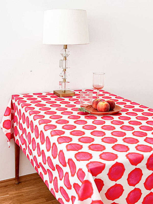 Rectangular Ikat pink orange linen tablecloth by Nimo With Love